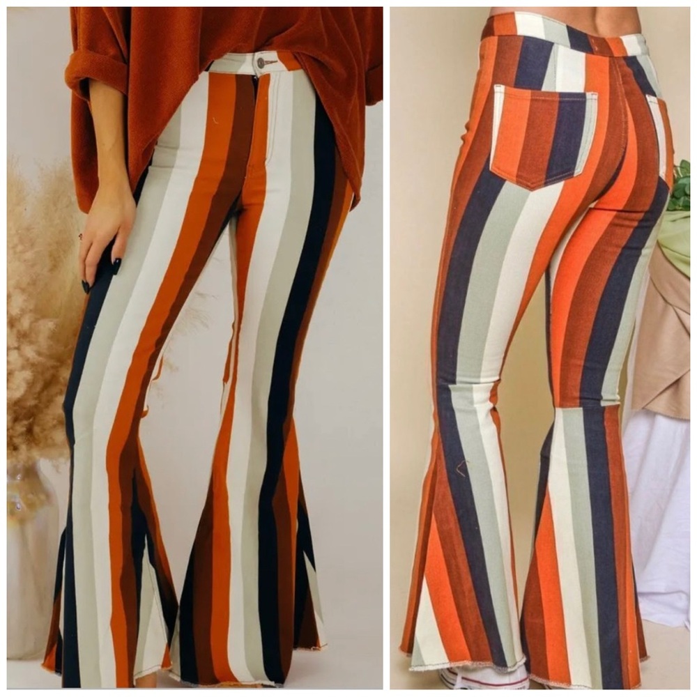 Rust, Ivory & Sage Striped Bell Bottom Jeans -sku 9191